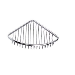 Corner-mounted triangular chrome shower caddy with vertical slat shelving pattern