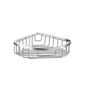 Chrome corner shower basket with wire grid design for bathroom storage