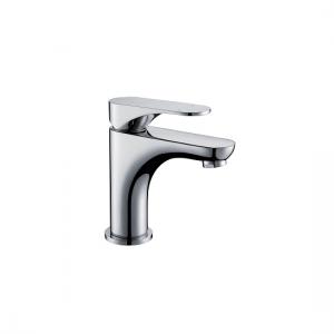 Contemporary polished chrome single-hole bathroom sink faucet with curved spout