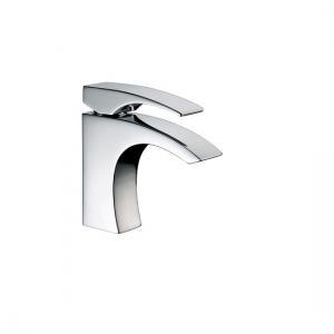 Chrome single-handle bathroom faucet with curved waterfall spout and minimalist square base