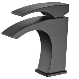 Contemporary black curved waterfall bathroom faucet with dual handles and sleek design