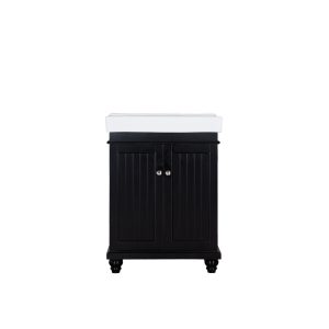 Black bathroom vanity with two vertical panel doors, silver handles, and turned feet with white marble countertop