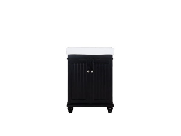 Black bathroom vanity with two vertical panel doors, silver handles, and turned feet with white marble countertop