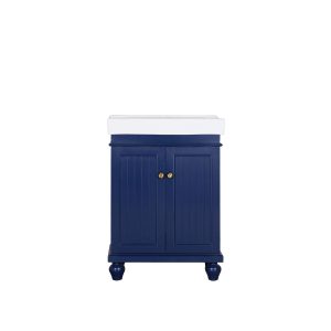 Navy blue bathroom vanity with two beadboard doors, gold handles, and turned feet with marble top