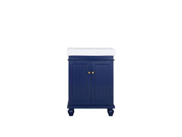 Navy blue bathroom vanity with two beadboard doors, gold handles, and turned feet with marble top