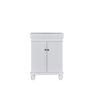 White bathroom vanity with two vertical panel doors, silver handles, and turned legs