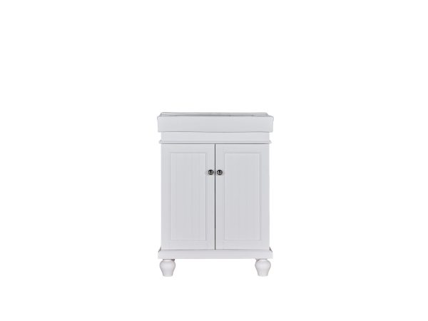 White bathroom vanity with two vertical panel doors, silver handles, and turned legs