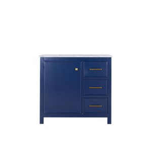 Navy blue bathroom vanity cabinet with single door and three drawers with gold handles