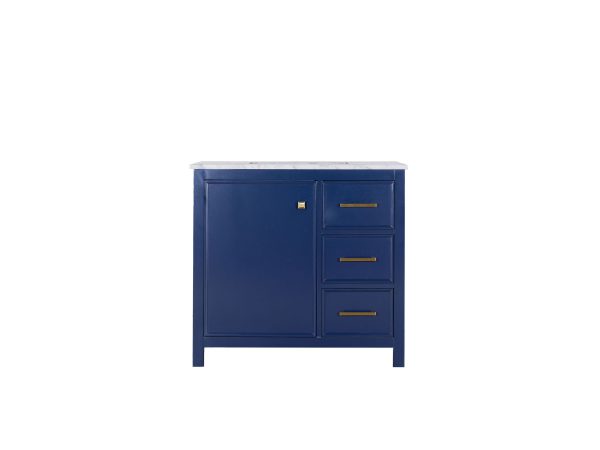 ATHENANB-36 Navy blue bathroom vanity cabinet with single door and three drawers with gold handles