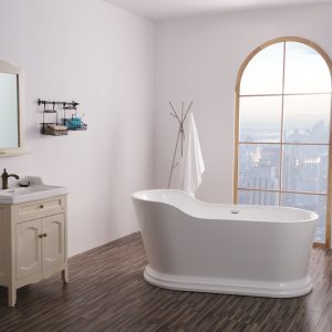Modern luxury bathroom with freestanding white oval bathtub, vanity sink, toilet, arched window with city view, and wood-grain flooring