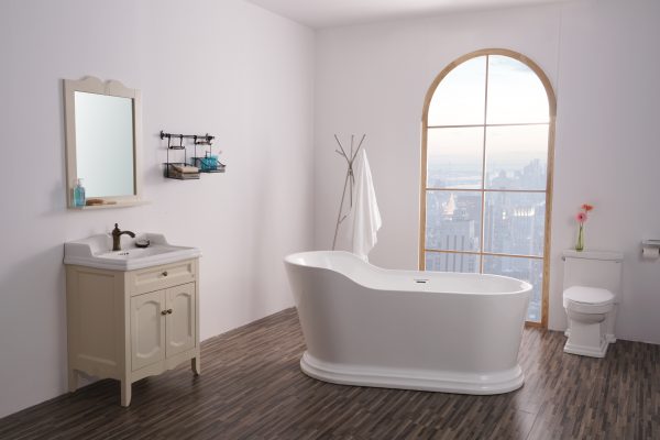 Modern luxury bathroom with freestanding white oval bathtub, vanity sink, toilet, arched window with city view, and wood-grain flooring