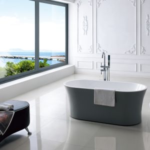 High-end bathroom design with dark gray exterior bathtub, panoramic sea view windows, white paneled walls, and luxury minimalist aesthetic