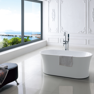 Luxurious modern bathroom with white freestanding oval bathtub, panoramic window overlooking coastal seaport, white ornate wall paneling, and minimalist decor