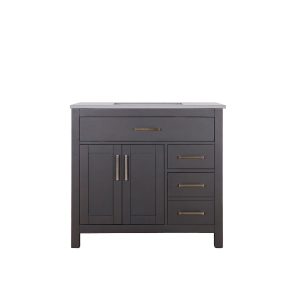 Dark gray bathroom vanity with single top drawer, double-door cabinet, three side drawers, and brushed bronze handles