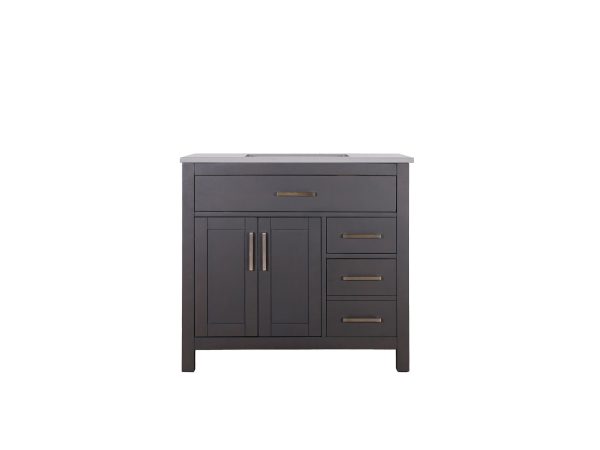 Dark gray bathroom vanity with single top drawer, double-door cabinet, three side drawers, and brushed bronze handles