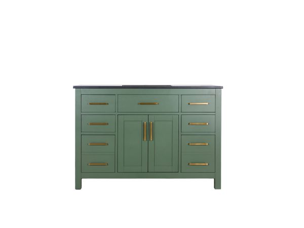 Green bathroom vanity with dark countertop, eight drawers, central double-door cabinet, and bronze hardware
