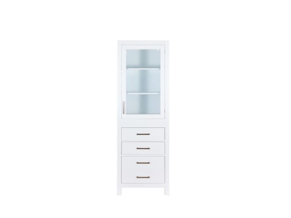 CHESTERVLC-24W Tall white bathroom linen cabinet with glass-front upper cabinet, four drawers below, and brushed metal handles