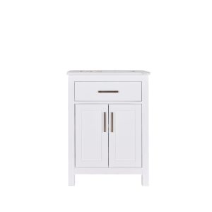 White bathroom vanity with one drawer and two-door cabinet below, chrome hardware, and light marble countertop