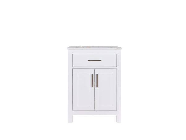 White bathroom vanity with one drawer and two-door cabinet below, chrome hardware, and light marble countertop