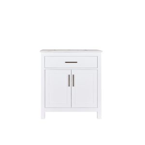 White bathroom vanity cabinet with single drawer and double door storage, featuring brushed nickel handles and marble top