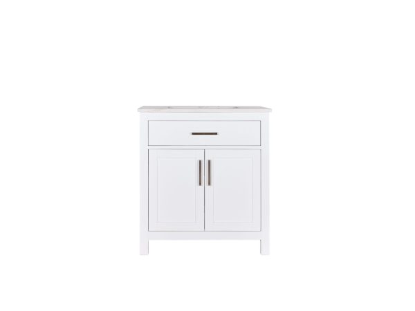 White bathroom vanity cabinet with single drawer and double door storage, featuring brushed nickel handles and marble top