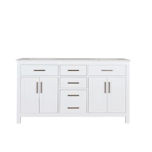 White bathroom double vanity with light gray top, 3 top drawers, dual cabinet doors on sides, 3 center drawers, and open bottom shelf