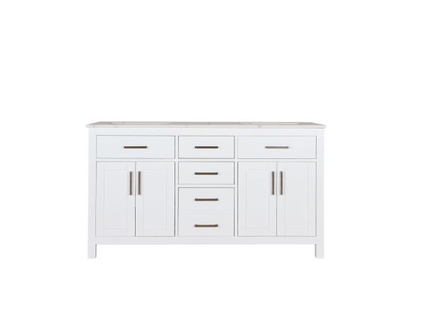 White bathroom double vanity with light gray top, 3 top drawers, dual cabinet doors on sides, 3 center drawers, and open bottom shelf