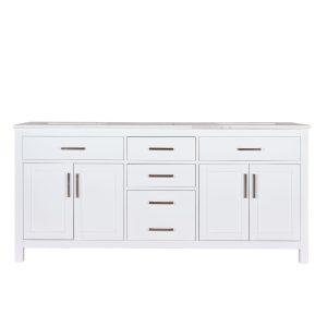 White bathroom double vanity with gray top, 3 top drawers, 2 cabinet doors on each side, 3 center drawers, and lower shelf