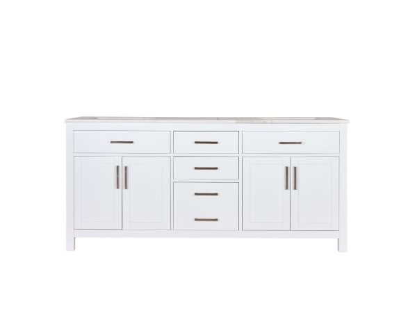 White bathroom double vanity with gray top, 3 top drawers, 2 cabinet doors on each side, 3 center drawers, and lower shelf