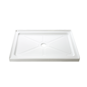 White rectangular shower pan with centered drain and cross-radiant textured pattern