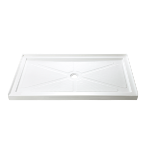 White rectangular shower tray with center drain and diamond-shaped radiant pattern