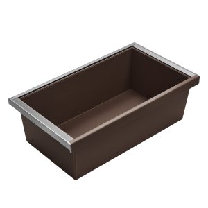 Empty brown rectangular planter box with metal trim and sloped sides