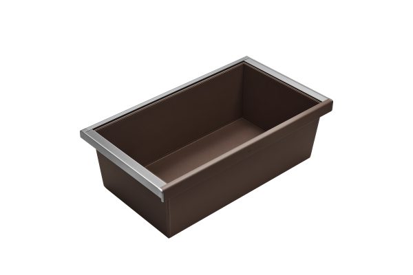 Empty brown rectangular planter box with metal trim and sloped sides