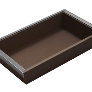 Brown rectangular planter box with metal rim and sloped interior walls
