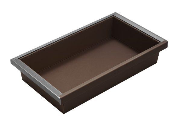 Brown rectangular planter box with metal rim and sloped interior walls