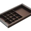 Brown rectangular planter box with metal trim featuring internal grid dividers for organizing small items