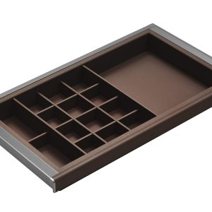 Brown rectangular planter box with metal trim featuring internal grid dividers for organizing small items