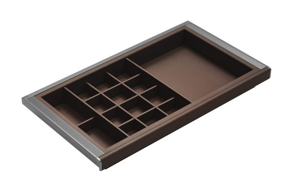 Brown rectangular planter box with metal trim featuring internal grid dividers for organizing small items