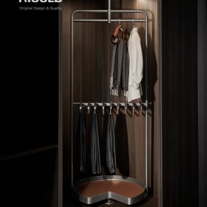 HIGOLD pull-out clothing rack system with hanging rod and hooks for garments inside a wooden wardrobe closet