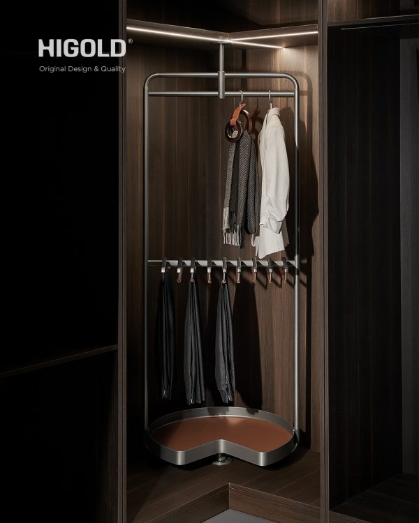 HIGOLD pull-out clothing rack system with hanging rod and hooks for garments inside a wooden wardrobe closet