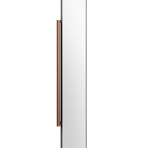 Tall narrow mirror with rounded corners, gray metal frame, and wooden handle detail on white background