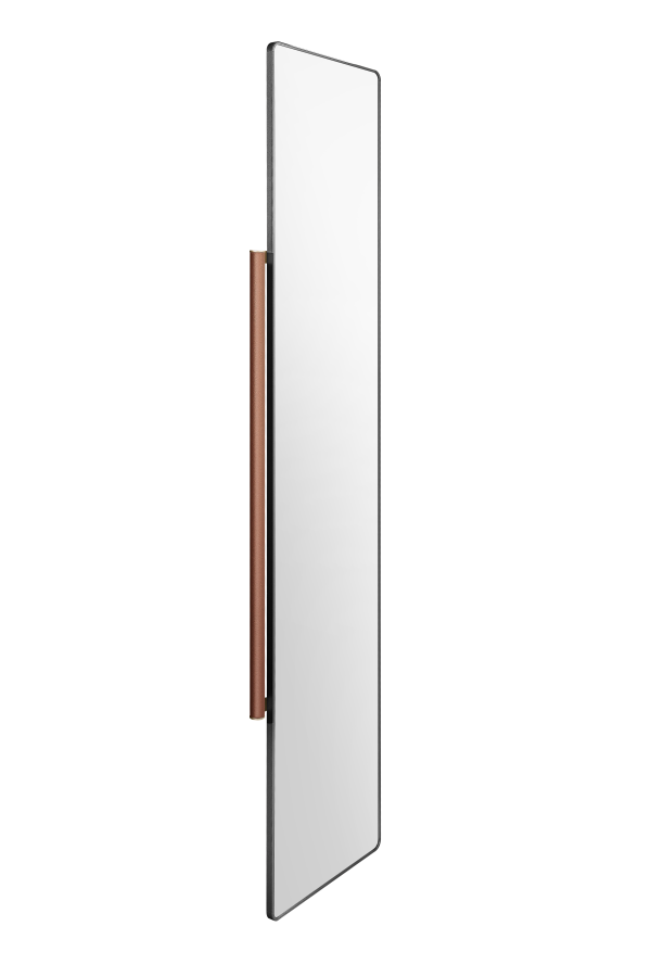 Tall narrow mirror with rounded corners, gray metal frame, and wooden handle detail on white background