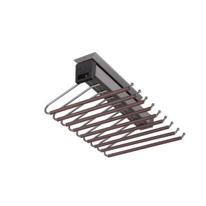 Retractable pull-down drying rack system with multiple brown metal arms mounted under cabinet