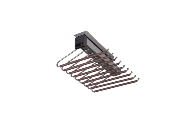 Retractable pull-down drying rack system with multiple brown metal arms mounted under cabinet