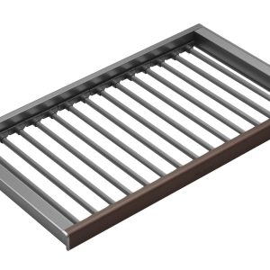 Isometric view of a rectangular pull-out drawer organizer with metal frame and white slats
