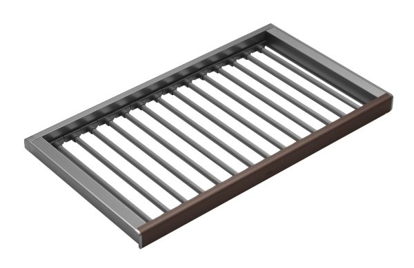 Isometric view of a rectangular pull-out drawer organizer with metal frame and white slats