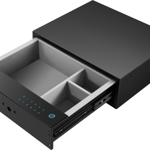 InSinkErator black drawer-style food waste disposal unit with open drawer showing gray compartments