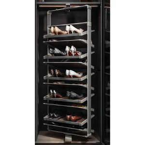 Interior shoe rack closet organizer with multiple metal shelves displaying various women's footwear
