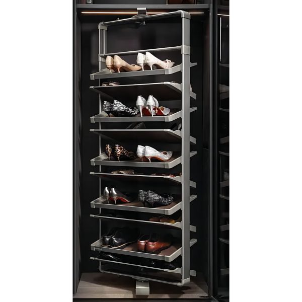 Interior shoe rack closet organizer with multiple metal shelves displaying various women's footwear