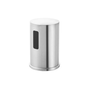 Silver brushed stainless steel soap dispenser pump with rectangular window display and cylindrical body